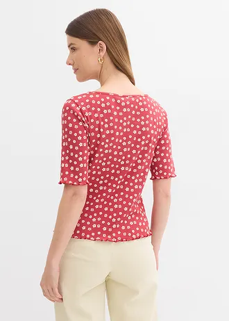Geribd shirt met bloemenprint, halflange mouw, Kleur: kersenrood/wolwit gebloemd