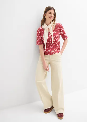 Geribd shirt met bloemenprint, halflange mouw, Kleur: kersenrood/wolwit gebloemd