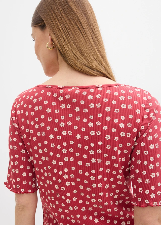 T-shirt côtelé à imprimé floral, manches coude • rouge cerise-écru floral • product-page.page-title-suffix