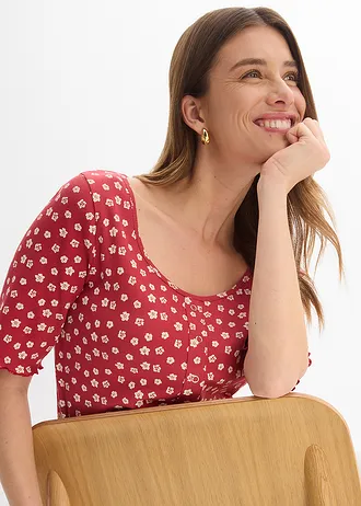 Geribd shirt met bloemenprint, halflange mouw • kersenrood/wolwit gebloemd • bonprix online shop