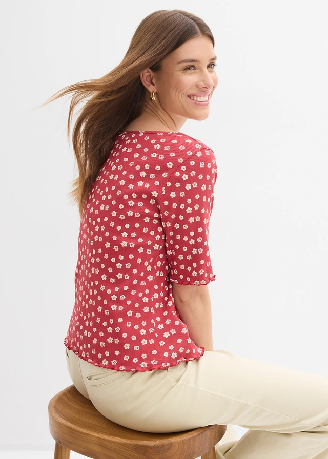 T-shirt côtelé à imprimé floral, manches coude • rouge cerise-écru floral • product-page.page-title-suffix