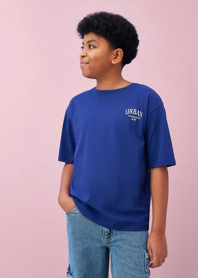 Oversized T-shirt van biologisch katoen met print op de rug, Kleur: middernachtblauw met print
