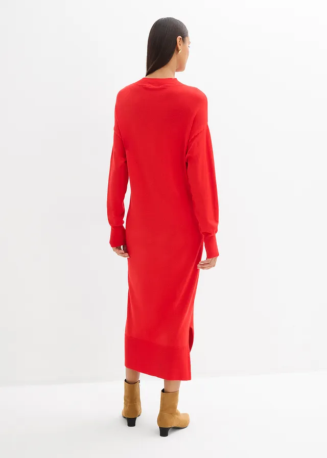 Casual midi jurk in een viscosemix, Kleur: aardbeirood