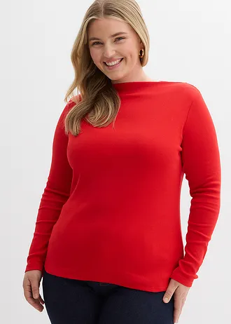 Accentuerend geribd shirt, Kleur: aardbeirood