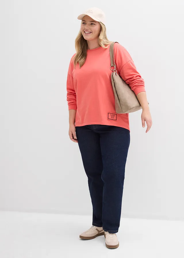 Sweat en coton mélangé, coupe courte devant longue derrière, Couleur: saumon clair