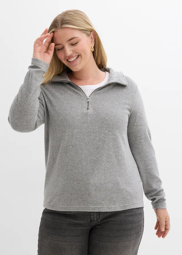 T-shirt manches longues en éponge, Couleur: gris clair chiné