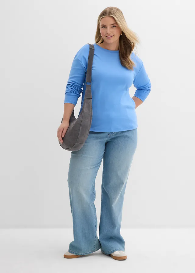 T-shirt manches longues 100% coton épais, Couleur: bleu moyen