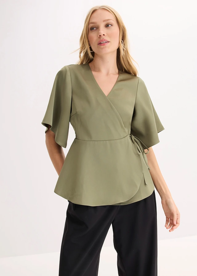 Satijnen blouse met een diep decolleté, Kleur: olijfgroen