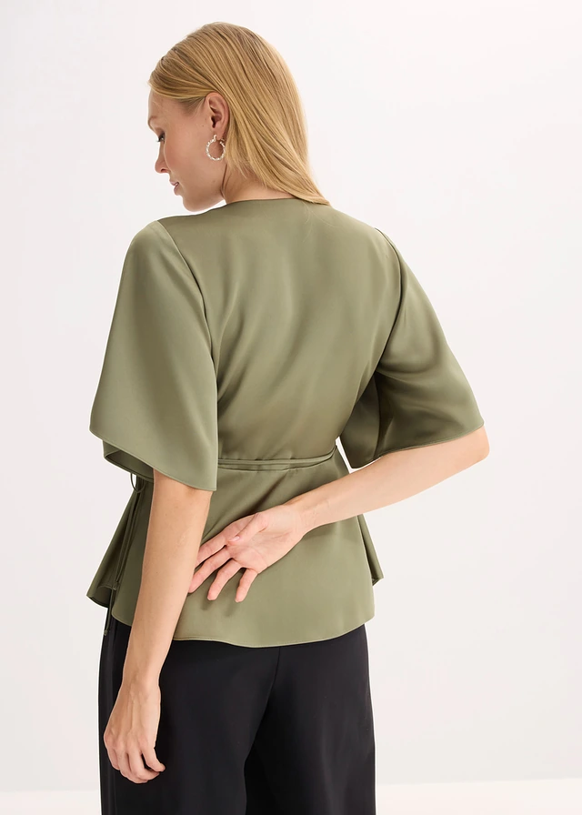 Blouse en satin à décolleté plongeant, Couleur: olive