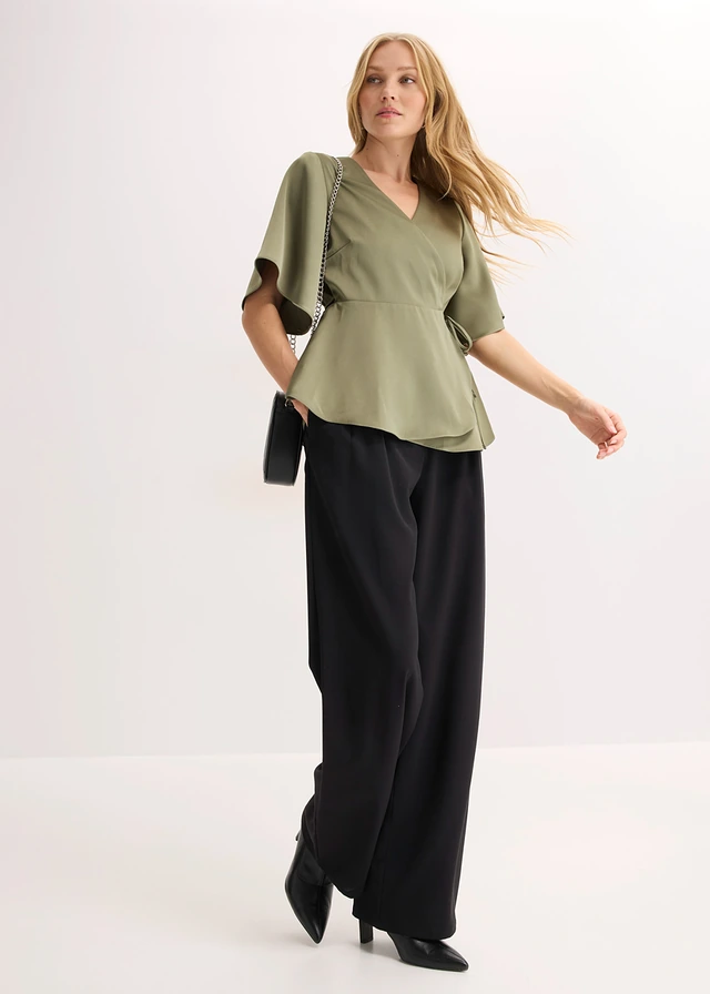 Blouse en satin à décolleté plongeant, Couleur: olive