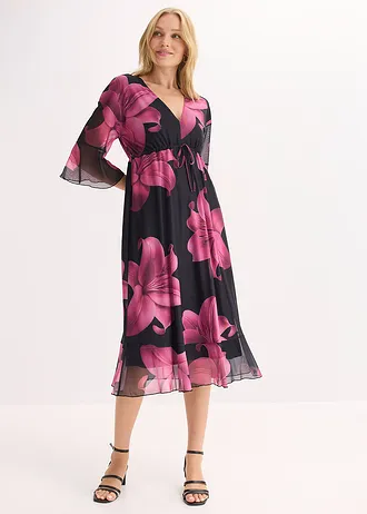 Midi jurk met diep decolletè, Kleur: zwart/pink