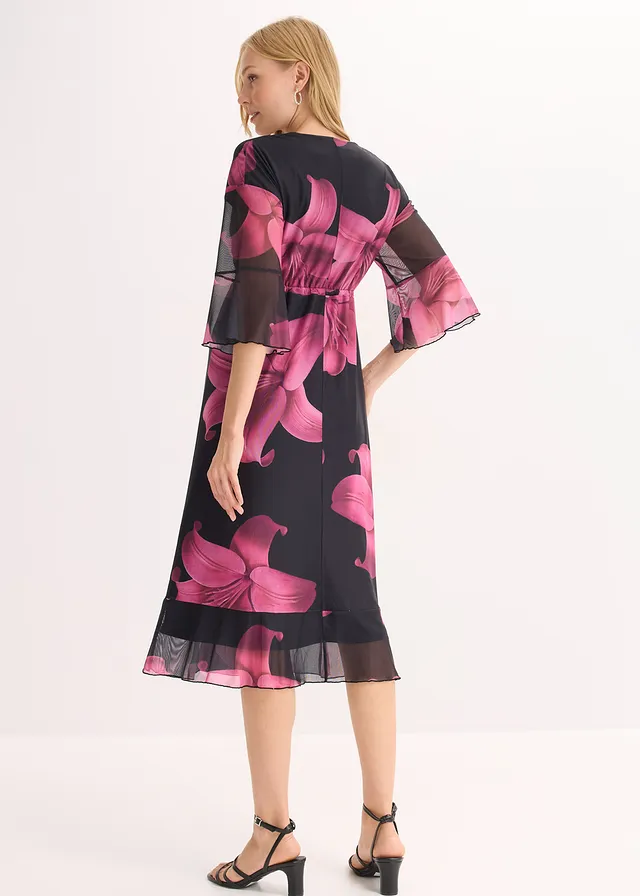 Rochie midi cu decolteu adânc • negru/pink • magazin bonprix