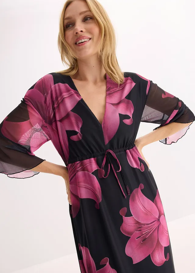 Rochie midi cu decolteu adânc • negru/pink • magazin bonprix