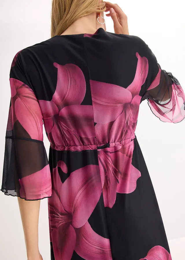 Midi ruha mély nyakkivágással • fekete/pink • bonprix áruház
