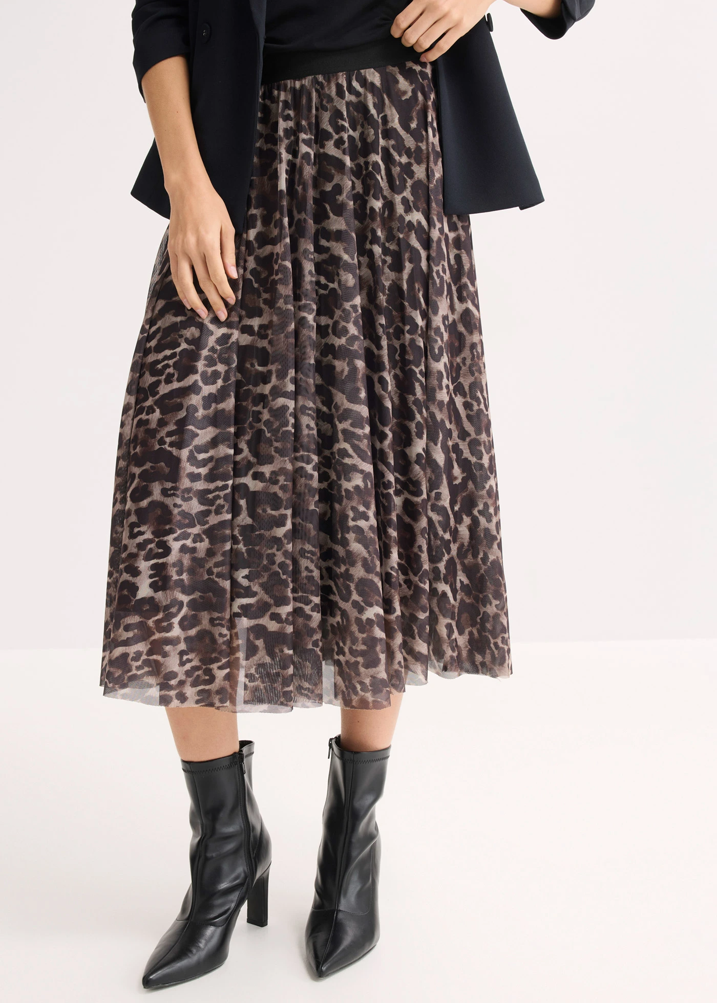 Rozšiřující se midi sukně se síťovinou • hnědo-černá s leopardím potiskem • bonprix obchod