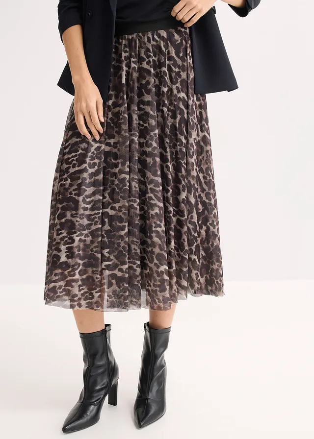 Jupe midi évasée en mesh, Couleur: marron-noir léopard