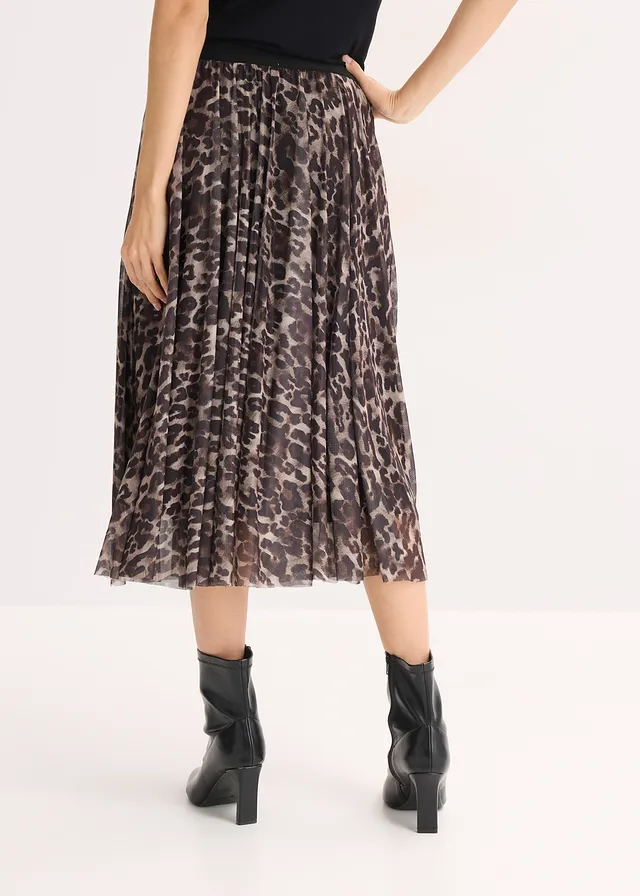 Jupe midi évasée en mesh, Couleur: marron-noir léopard
