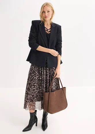 Jupe midi évasée en mesh, Couleur: marron-noir léopard