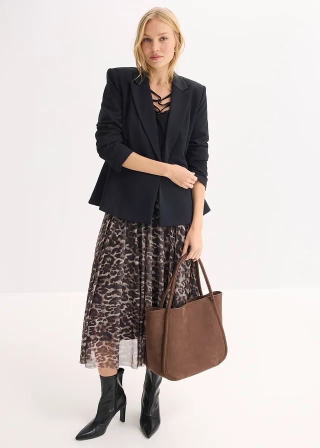 Jupe midi évasée en mesh, Couleur: marron-noir léopard