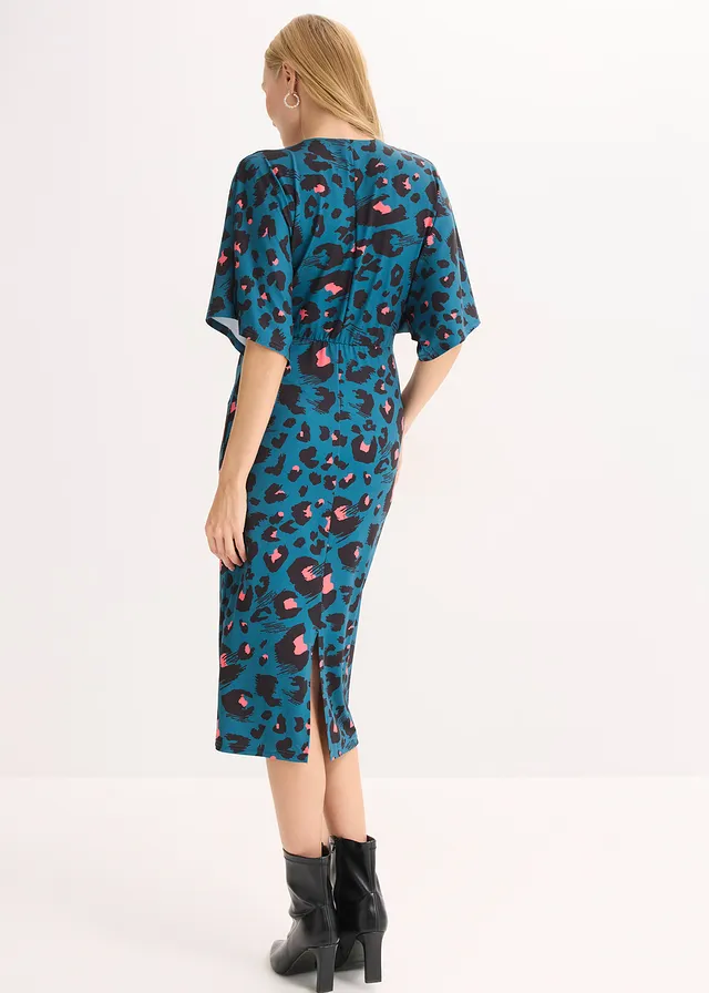 Midi jurk met een diep decolleté, Kleur: pepergroen
