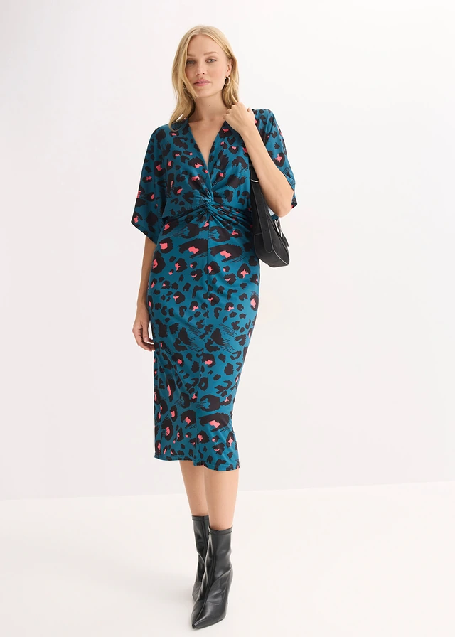 Midi jurk met een diep decolleté, Kleur: pepergroen