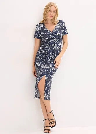 Robe midi près du corps avec décolleté plongeant, Couleur: bleu foncé floral