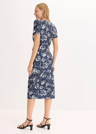 Robe midi près du corps avec décolleté plongeant, Couleur: bleu foncé floral