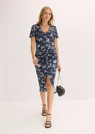 Robe midi près du corps avec décolleté plongeant, Couleur: bleu foncé floral