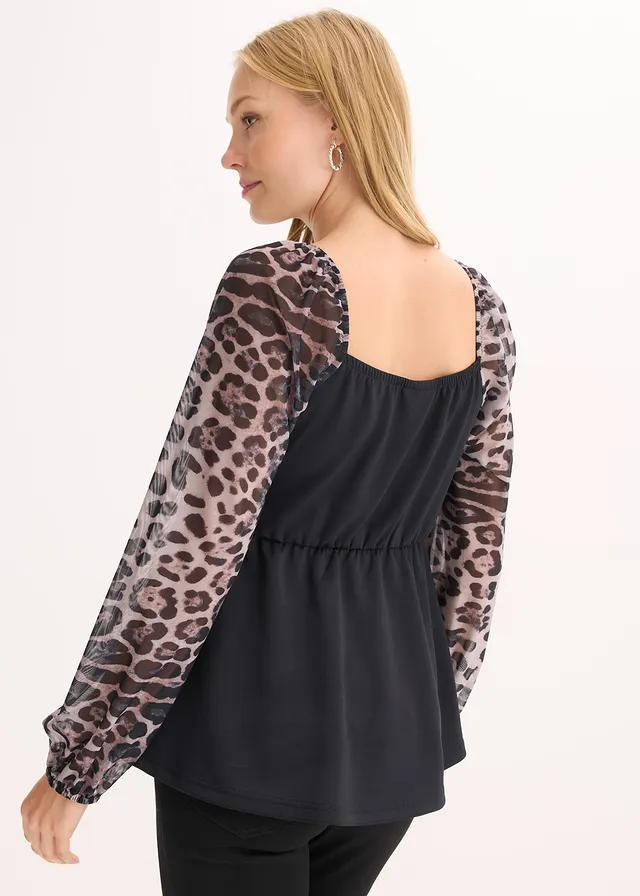 Longsleeve met mesh mouwen, Kleur: zwart luipaardprint