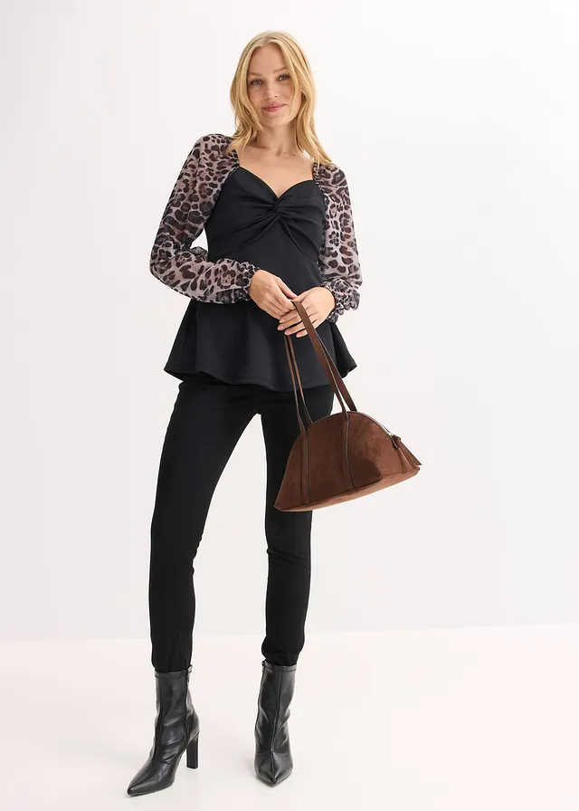 Longsleeve met mesh mouwen, Kleur: zwart luipaardprint