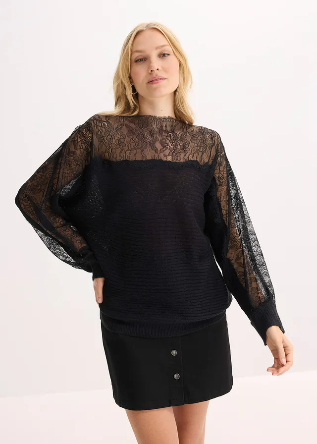 Pull estival avec dentelle, Couleur: noir