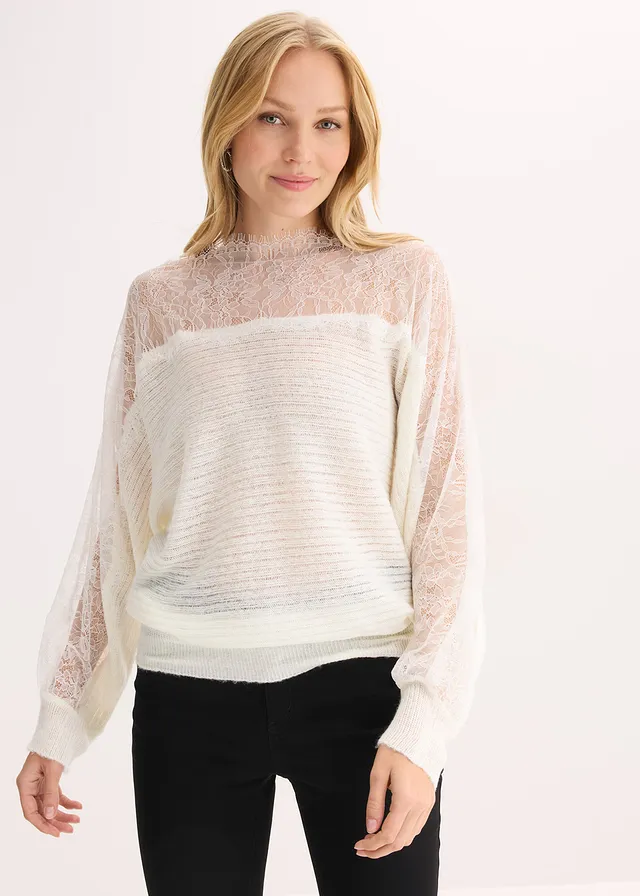 Pull estival avec dentelle, Couleur: blanc cassé