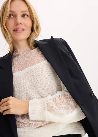 Sweter z koronką i odrytymi ramionami • biel wełny • sklep bonprix