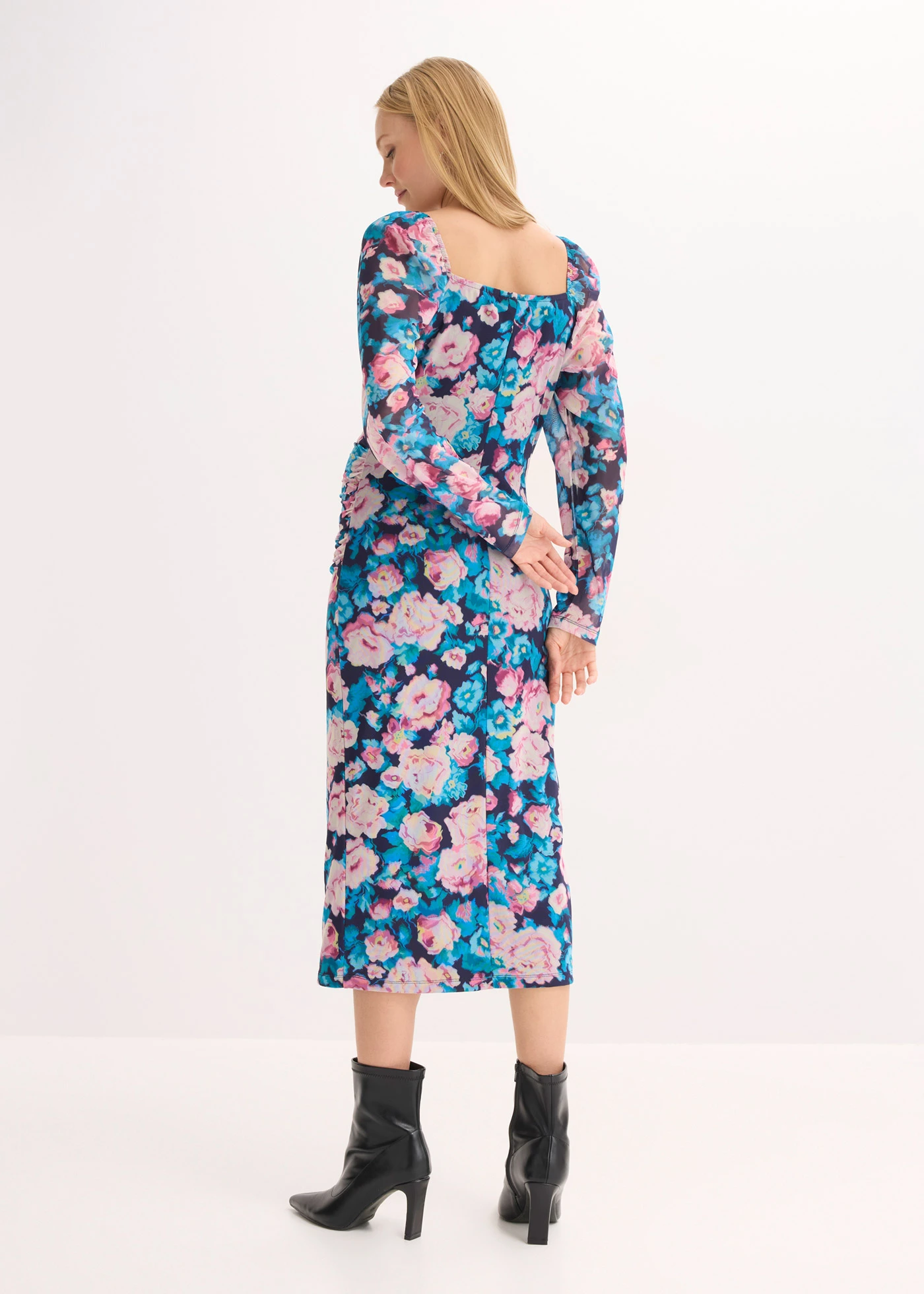 Robe midi à fronces • bleu foncé floral • Boutique bonprix