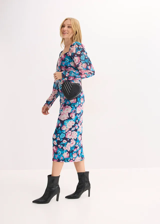Rochie din mesh cu fronseuri • bleumarin floral • magazin bonprix