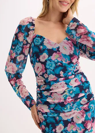 Rochie din mesh cu fronseuri • bleumarin floral • magazin bonprix