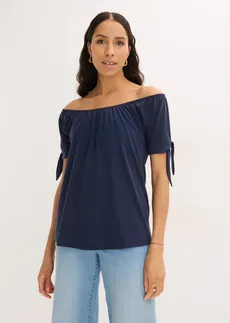 Bluzka Carmen z ozdobnym wiązaniem • granatowy • sklep bonprix