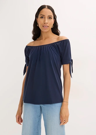 Carmen-shirt met knoopdetail, Kleur: donkerblauw
