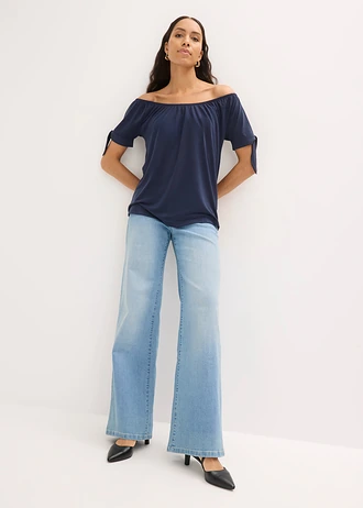 Carmen-shirt met knoopdetail, Kleur: donkerblauw