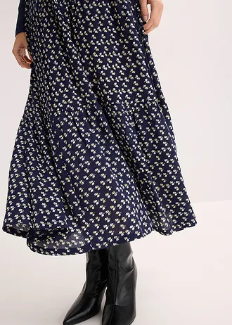 Fustă maxi cu volane alipite, din viscoză cu textură • bleumarin înflorat • magazin bonprix