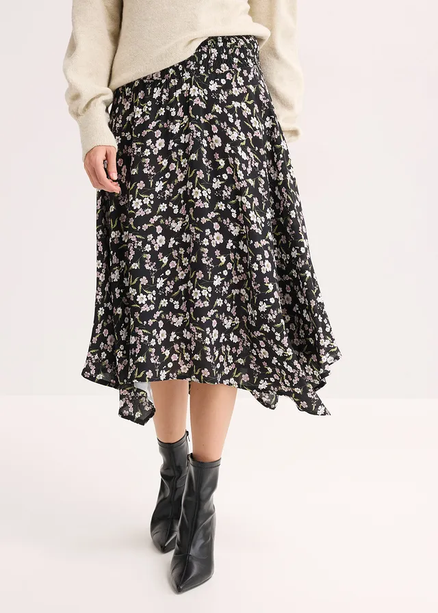 Jupe midi 100% viscose, Couleur: noir-blanc imprimé
