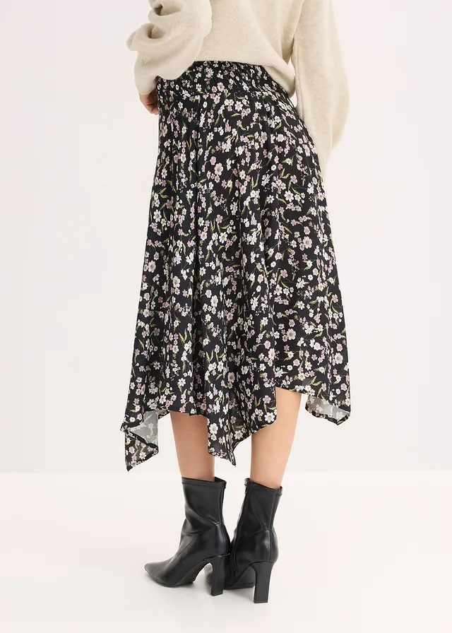 Midi rok van pure viscose, Kleur: zwart-wit met print