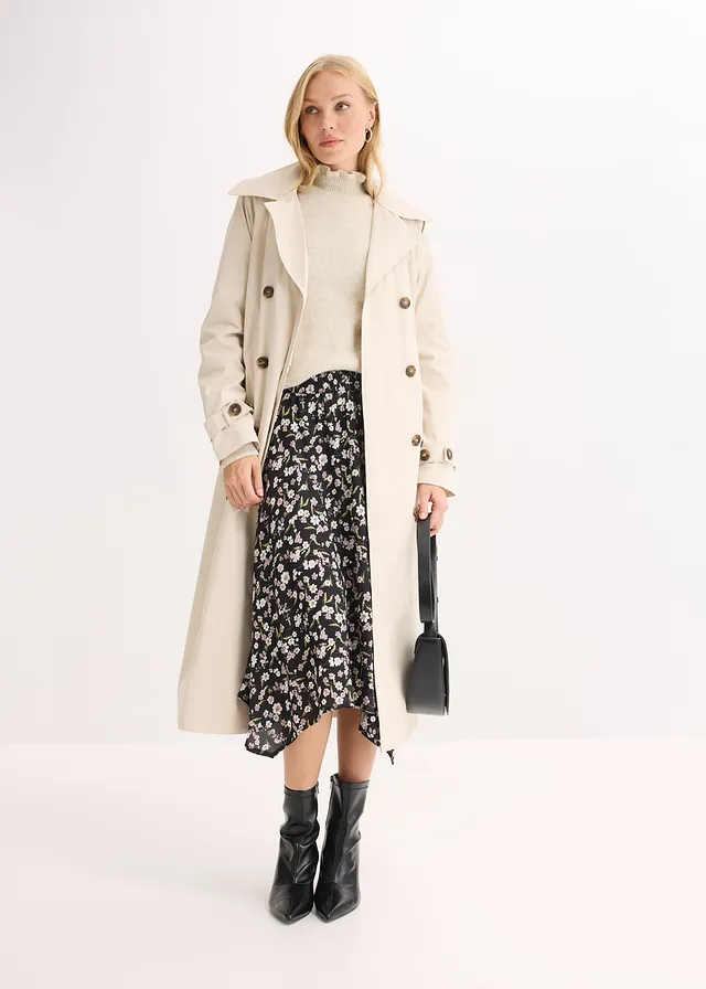 Midi rok van pure viscose, Kleur: zwart-wit met print