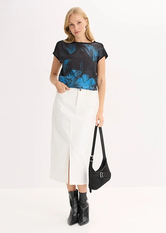 Shirt in een zachte viscosemix met print, Kleur: zwart-petrol gebloemd