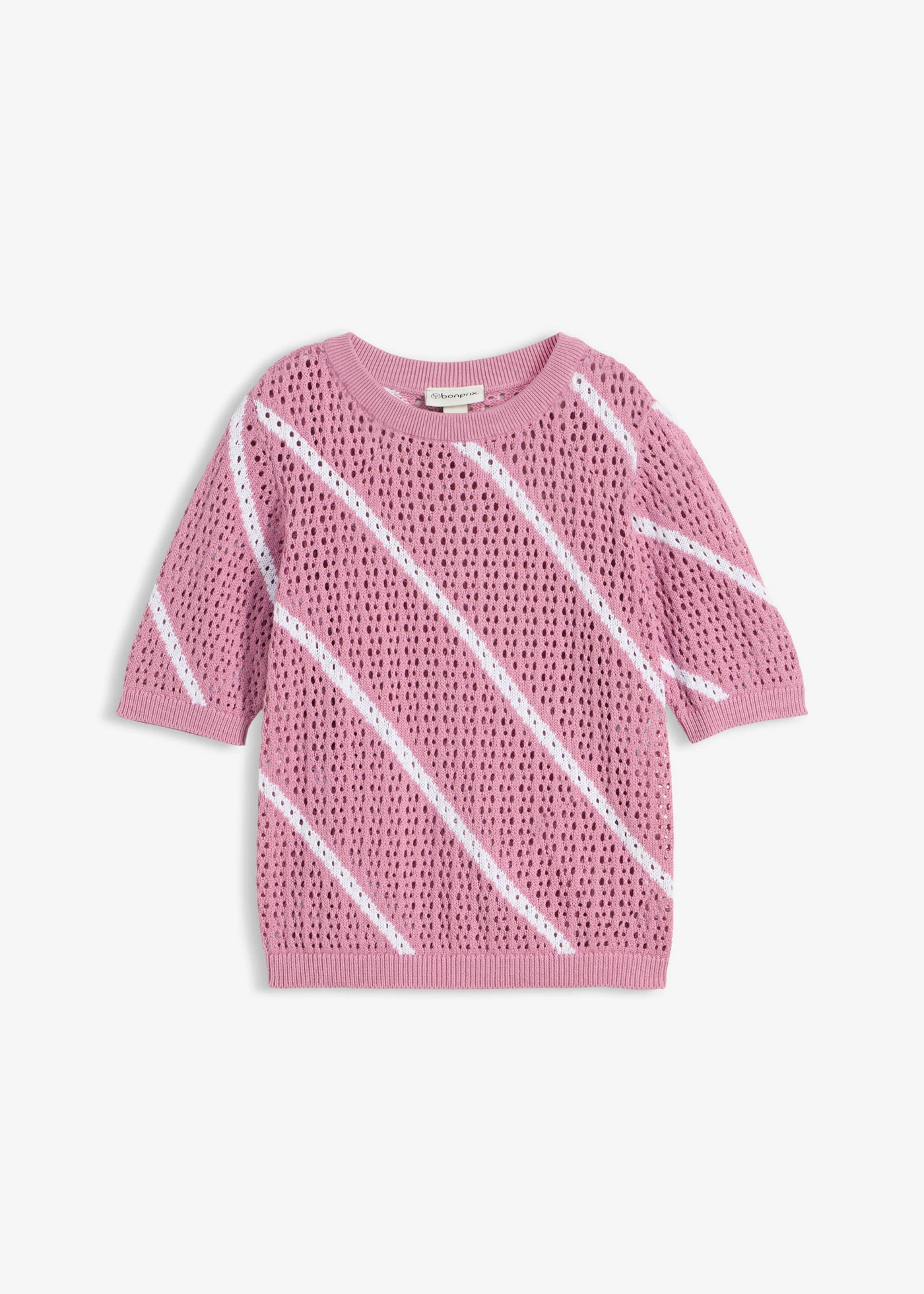 Sweter ażurowy z czystej bawełny • róż malwowy-biały w paski • sklep bonprix