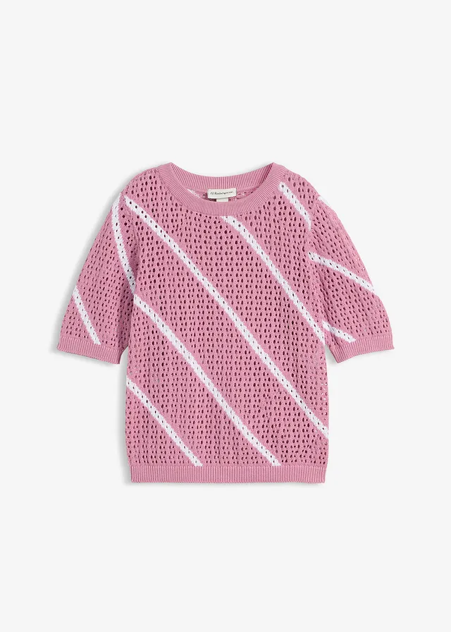 Ajour trui van katoen • mauve-wit gestreept • bonprix online shop