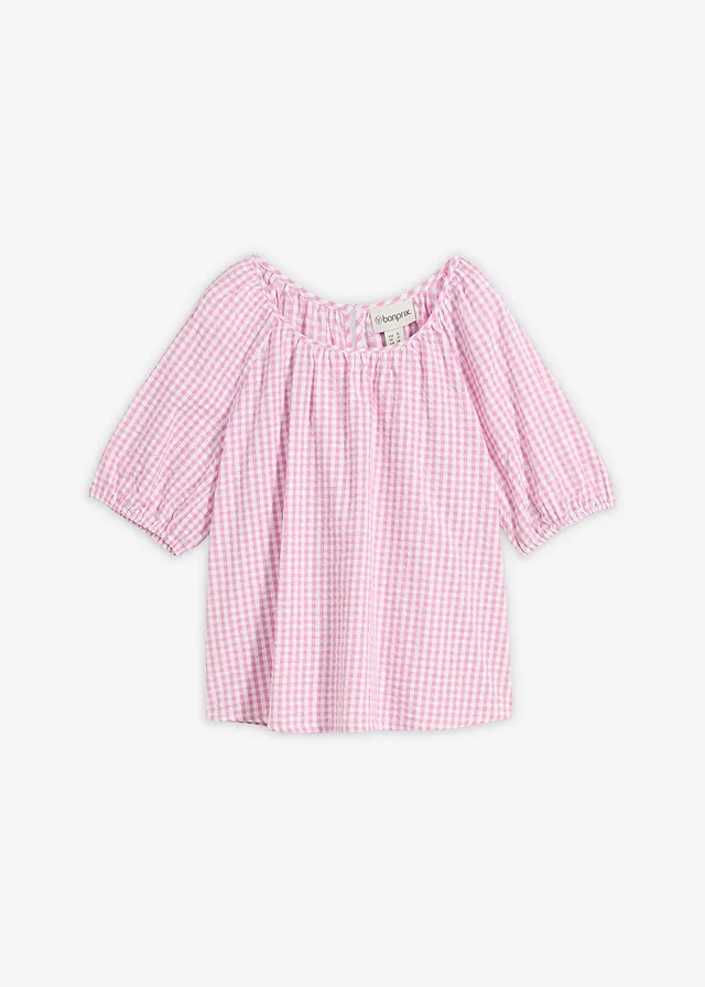 Blouse van katoen met korte mouwen, Kleur: mauve/wit geruit