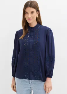 Blouse met kant van een soepele viscosemix, Kleur: donkerblauw