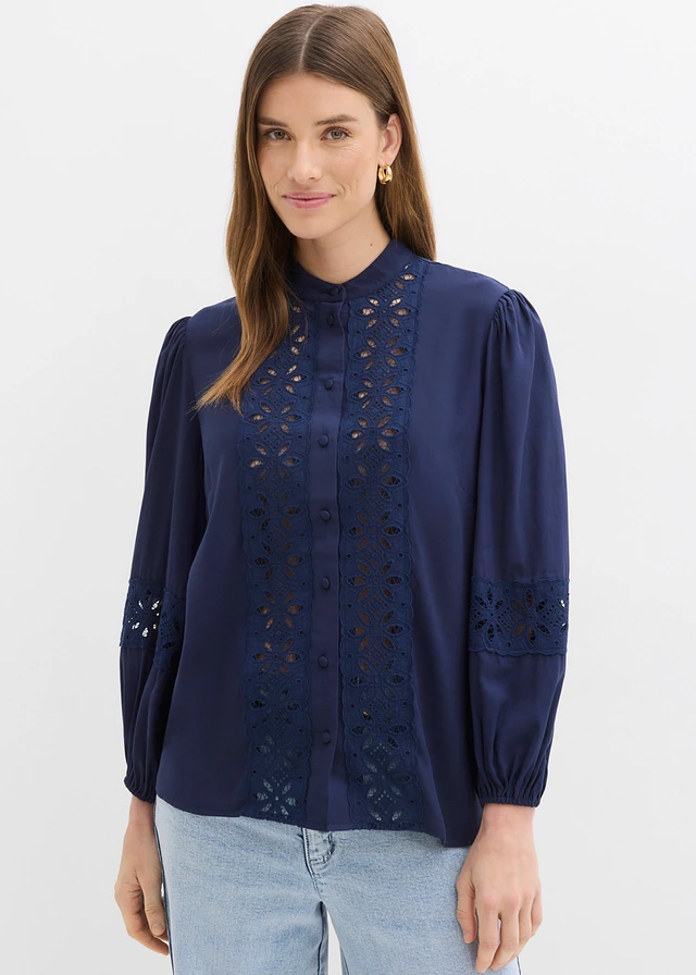 Chemisier à dentelle en viscose mélangée, Couleur: bleu foncé