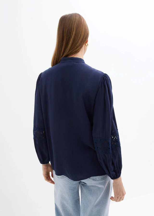 Chemisier à dentelle en viscose mélangée, Couleur: bleu foncé